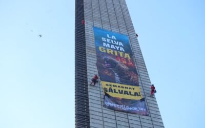 Activistas de Greenpeace escalan la Estela de Luz para exigir protección a la Selva Maya